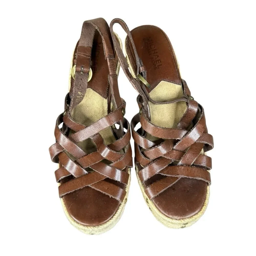 Michael Kors Y2K Brown Leather Studded Espadrille Wedge Sandals Size 6